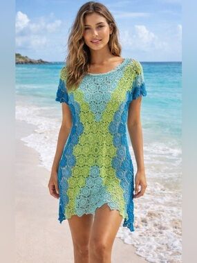 Crochet Swim Coverup Tunic in Aqua, Lime & Teal